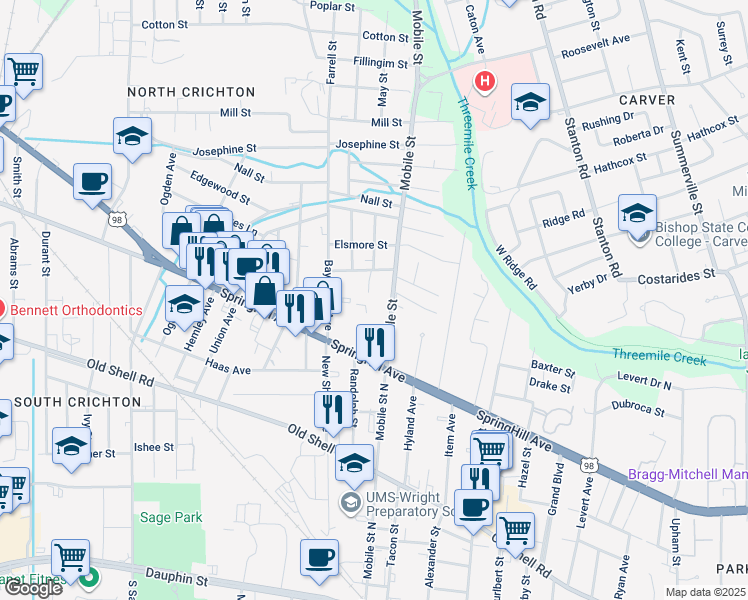 map of restaurants, bars, coffee shops, grocery stores, and more near 309-331 Mobile Street in Mobile