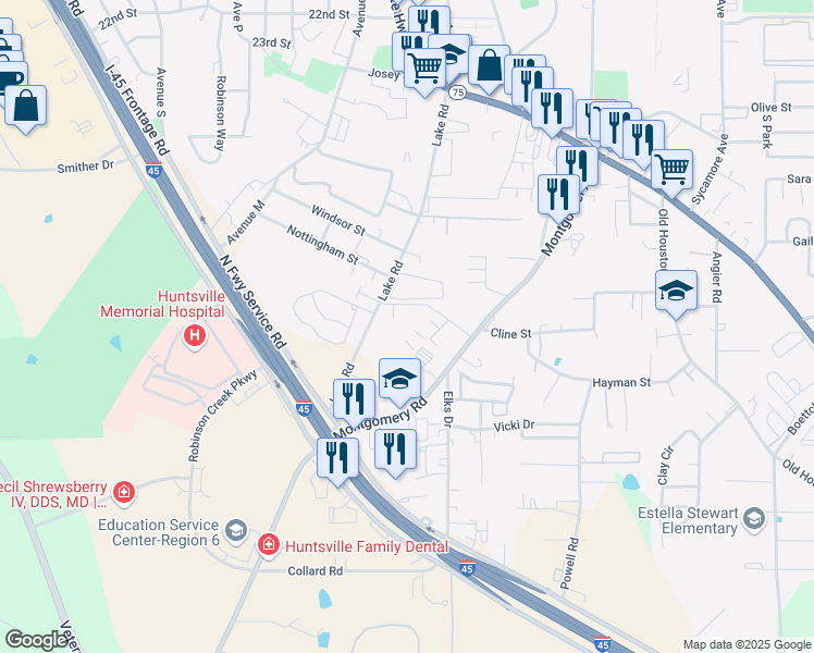 map of restaurants, bars, coffee shops, grocery stores, and more near 907 Windridge Lane in Huntsville