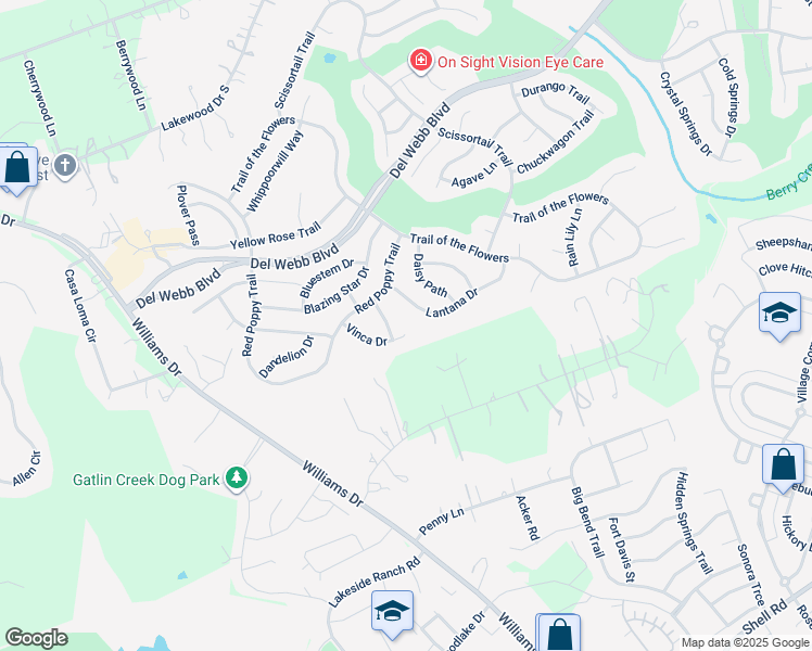 map of restaurants, bars, coffee shops, grocery stores, and more near 123 Vinca Drive in Georgetown
