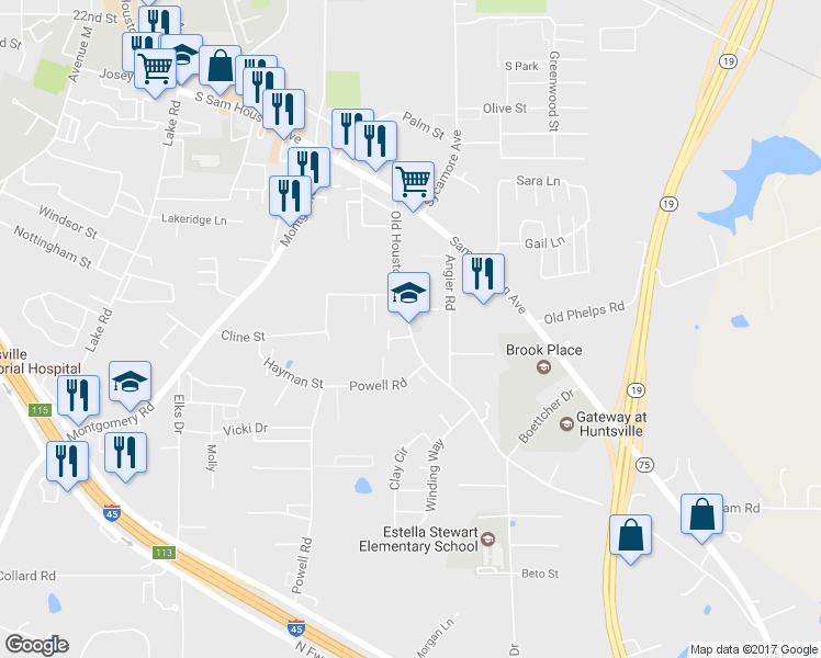 map of restaurants, bars, coffee shops, grocery stores, and more near 2903 Old Houston Road in Huntsville