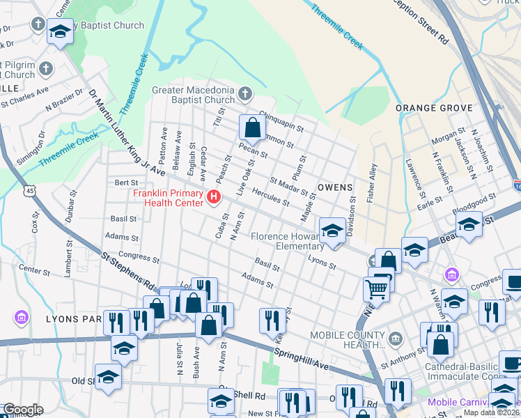 map of restaurants, bars, coffee shops, grocery stores, and more near 419 Terrill Street in Mobile