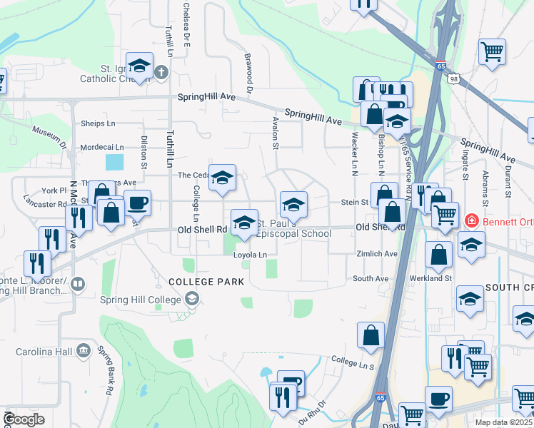 map of restaurants, bars, coffee shops, grocery stores, and more near 111 Myrtlewood Lane in Mobile