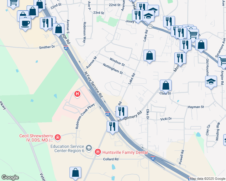 map of restaurants, bars, coffee shops, grocery stores, and more near 2830 Lake Road in Huntsville