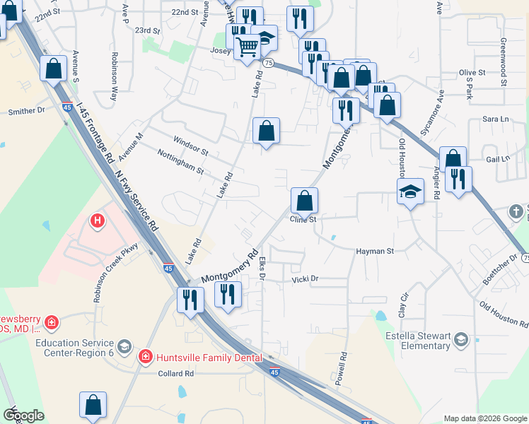 map of restaurants, bars, coffee shops, grocery stores, and more near 907 Windridge Lane in Huntsville