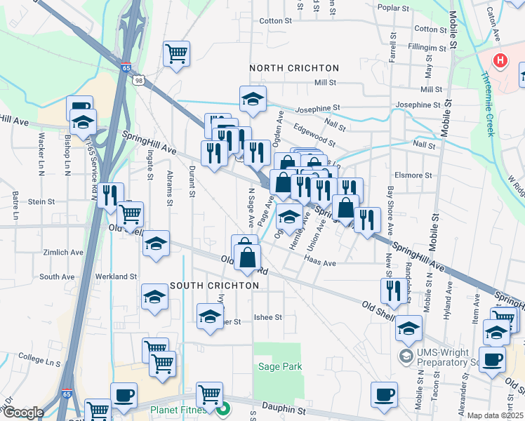 map of restaurants, bars, coffee shops, grocery stores, and more near 203 Page Avenue in Mobile