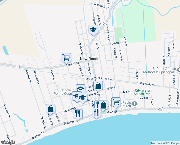 map of restaurants, bars, coffee shops, grocery stores, and more near 405 Richey Street in New Roads