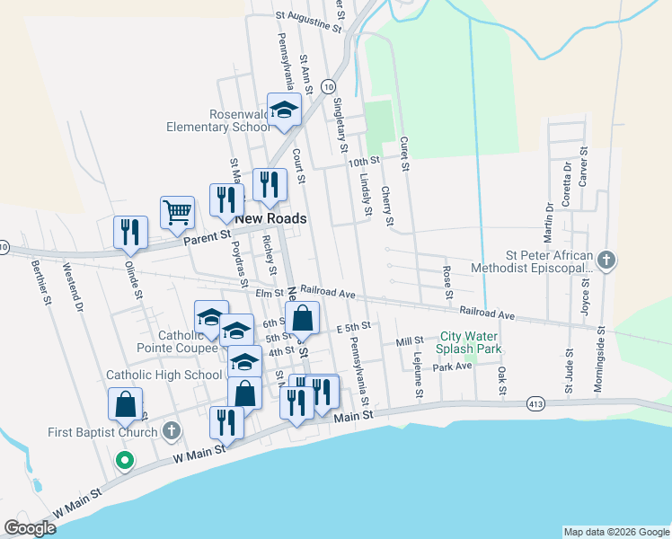 map of restaurants, bars, coffee shops, grocery stores, and more near 614 Pennsylvania Street in New Roads