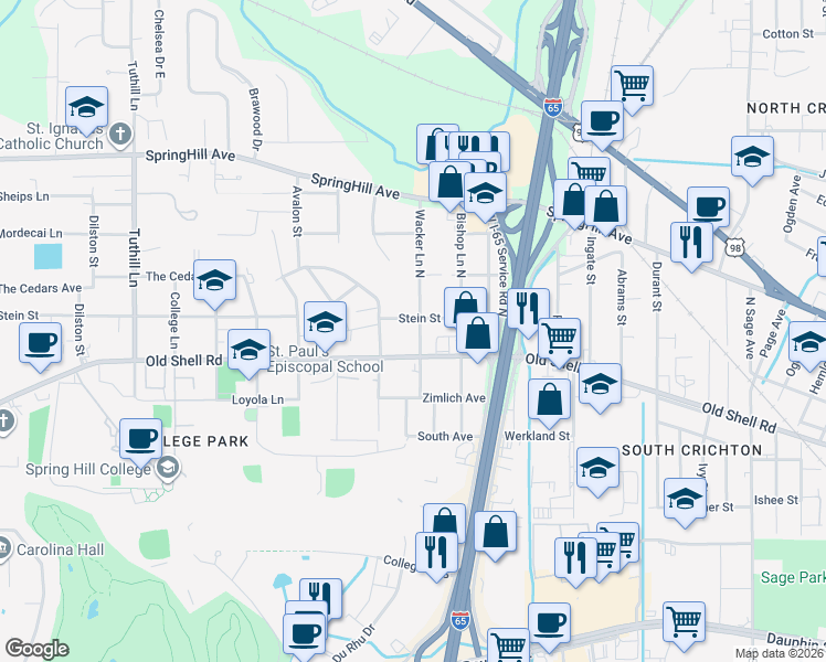 map of restaurants, bars, coffee shops, grocery stores, and more near 3704 Old Shell Road in Mobile