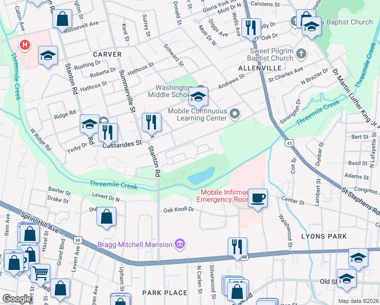 map of restaurants, bars, coffee shops, grocery stores, and more near 320 Stanton Road in Mobile