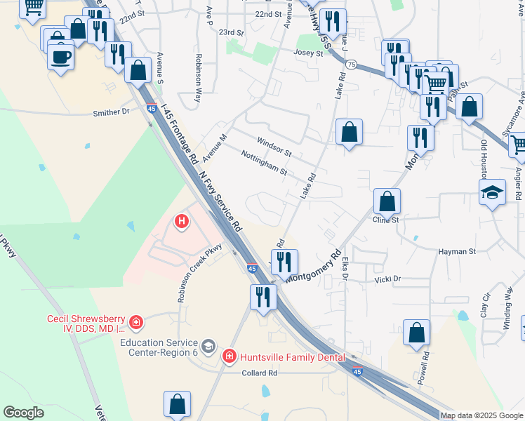 map of restaurants, bars, coffee shops, grocery stores, and more near 2830 Lake Road in Huntsville