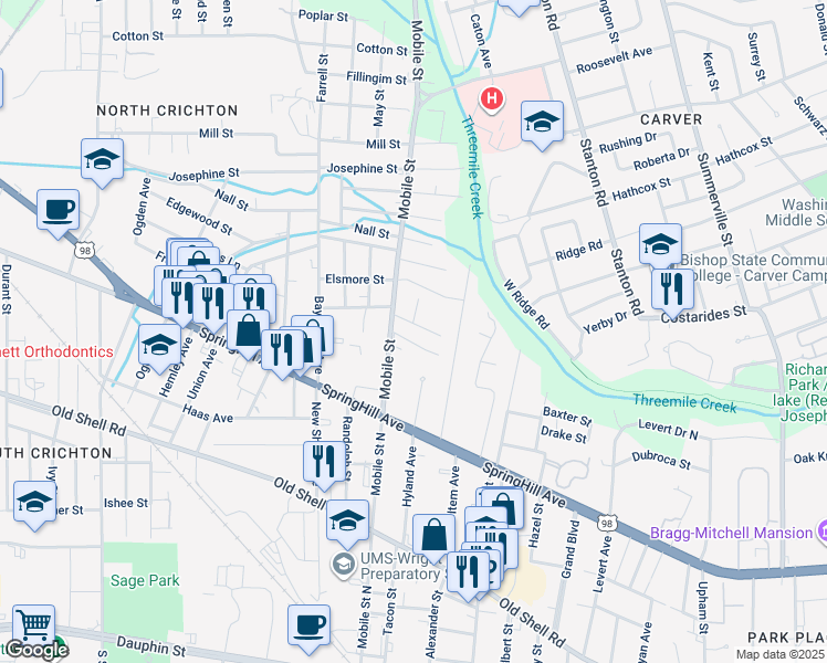 map of restaurants, bars, coffee shops, grocery stores, and more near 310 Mobile Street in Mobile