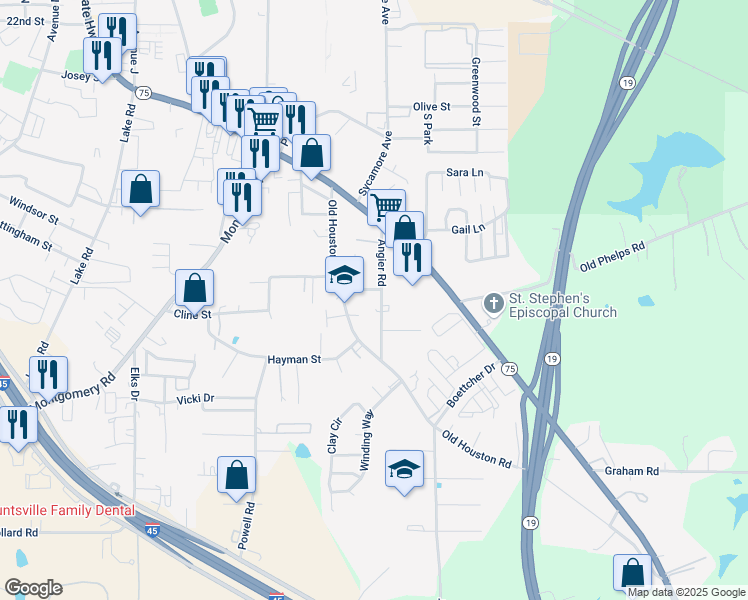 map of restaurants, bars, coffee shops, grocery stores, and more near 2903-05 Old Houston Road in Huntsville