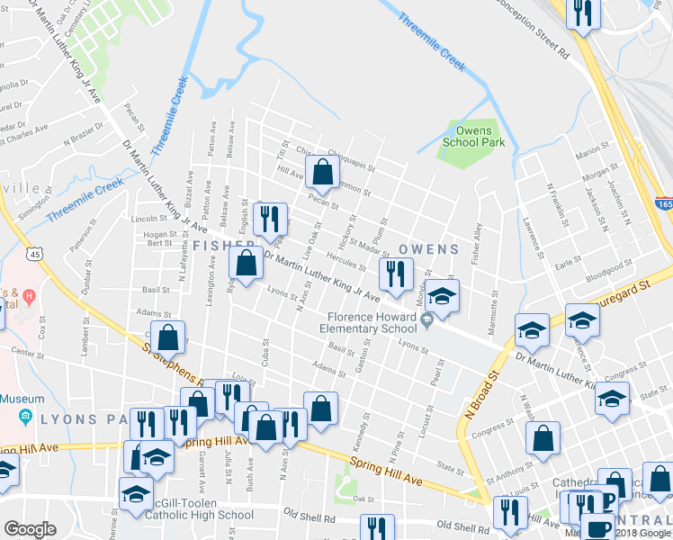 map of restaurants, bars, coffee shops, grocery stores, and more near 434 Hickory Street in Mobile