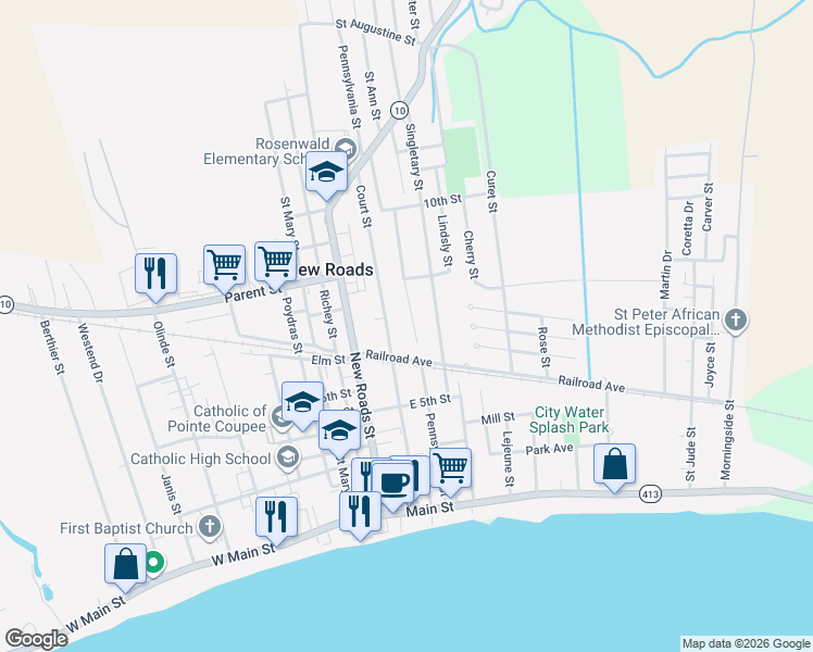 map of restaurants, bars, coffee shops, grocery stores, and more near 614 Pennsylvania Street in New Roads