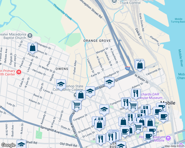map of restaurants, bars, coffee shops, grocery stores, and more near 500 Earle Street in Mobile