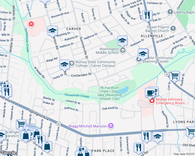 map of restaurants, bars, coffee shops, grocery stores, and more near 352 Stanton Road in Mobile