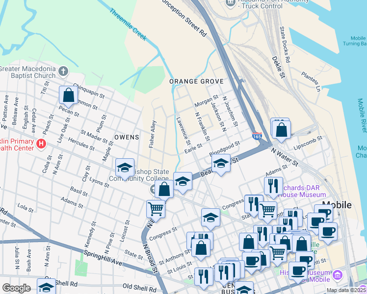 map of restaurants, bars, coffee shops, grocery stores, and more near 500 Earle Street in Mobile