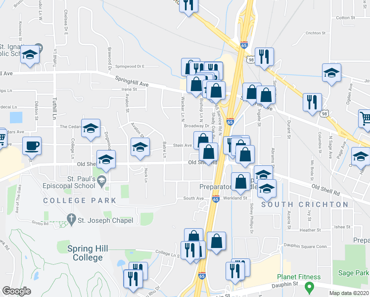 map of restaurants, bars, coffee shops, grocery stores, and more near 3257 Stein Street in Mobile