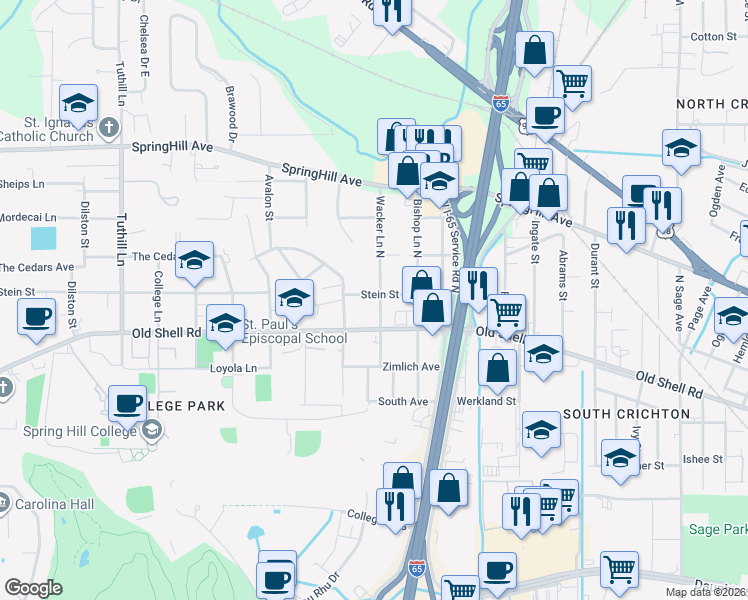 map of restaurants, bars, coffee shops, grocery stores, and more near 309 Wacker Lane North in Mobile