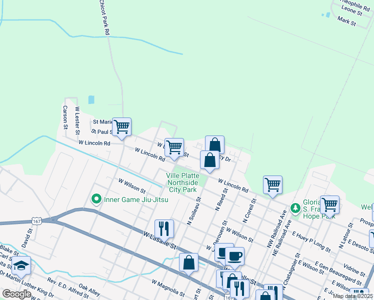 map of restaurants, bars, coffee shops, grocery stores, and more near 805 West Dardeau Street in Ville Platte