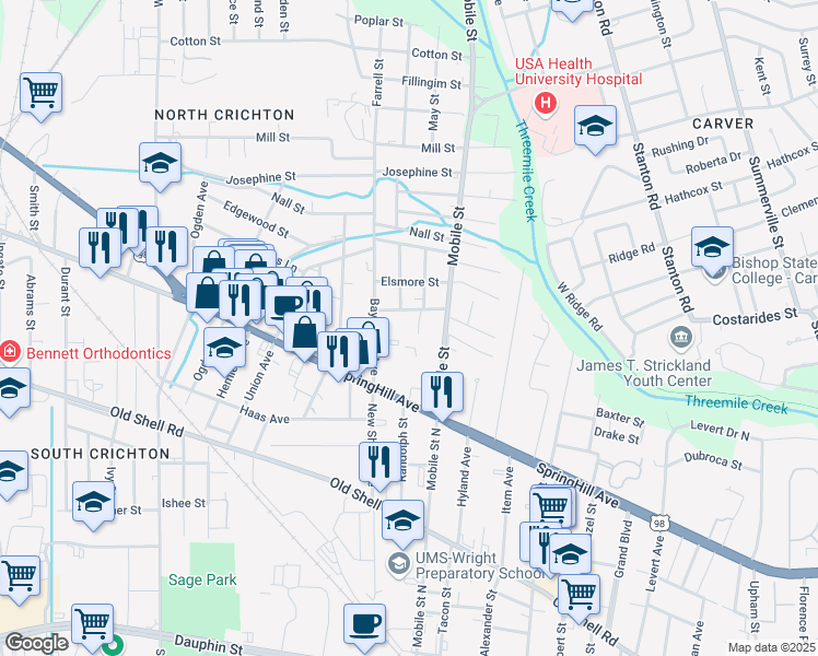 map of restaurants, bars, coffee shops, grocery stores, and more near 300 Bay Shore Avenue in Mobile