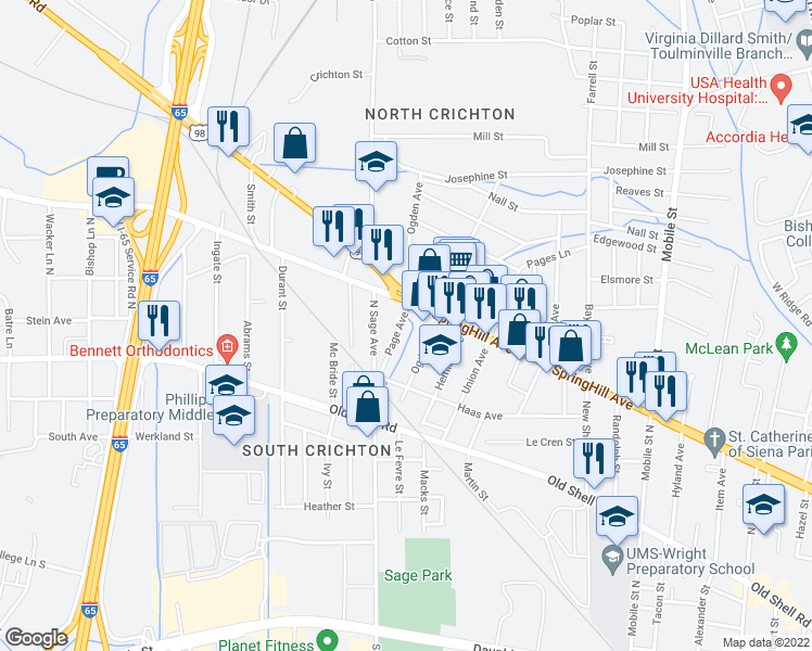 map of restaurants, bars, coffee shops, grocery stores, and more near 206 Page Avenue in Mobile