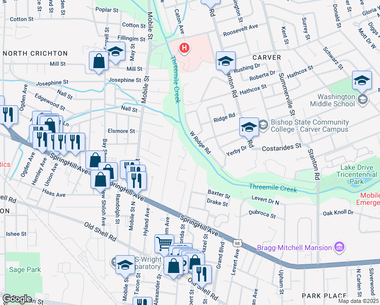 map of restaurants, bars, coffee shops, grocery stores, and more near 314 Wingfield Drive in Mobile