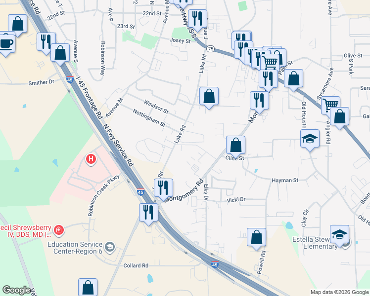 map of restaurants, bars, coffee shops, grocery stores, and more near 2821 Lake Road in Huntsville