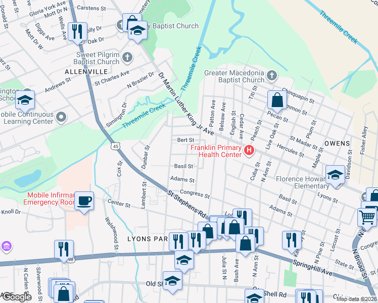 map of restaurants, bars, coffee shops, grocery stores, and more near 1458 Delusser Street in Mobile