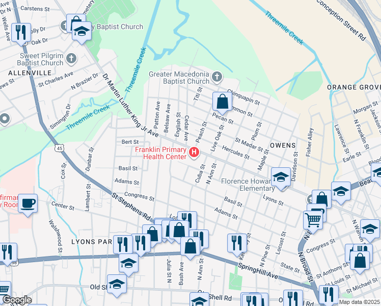 map of restaurants, bars, coffee shops, grocery stores, and more near 1361 Doctor Martin Luther King Junior Avenue in Mobile