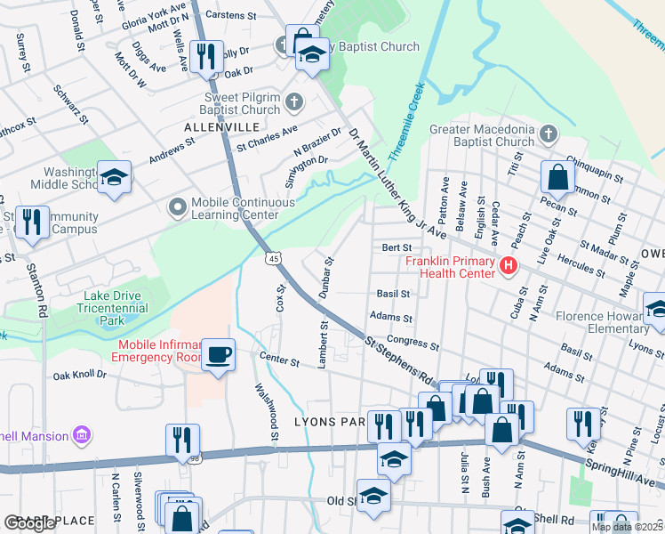 map of restaurants, bars, coffee shops, grocery stores, and more near 314 Dunbar Street in Mobile