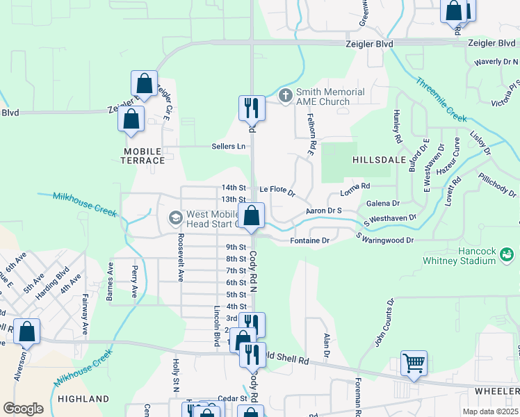 map of restaurants, bars, coffee shops, grocery stores, and more near 454-598 County Road 37 in Mobile