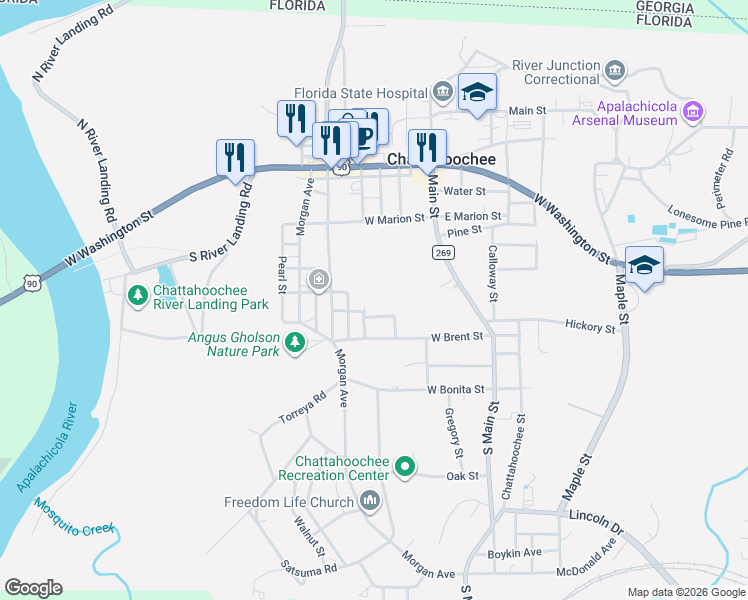 map of restaurants, bars, coffee shops, grocery stores, and more near 513 Watson Street in Chattahoochee