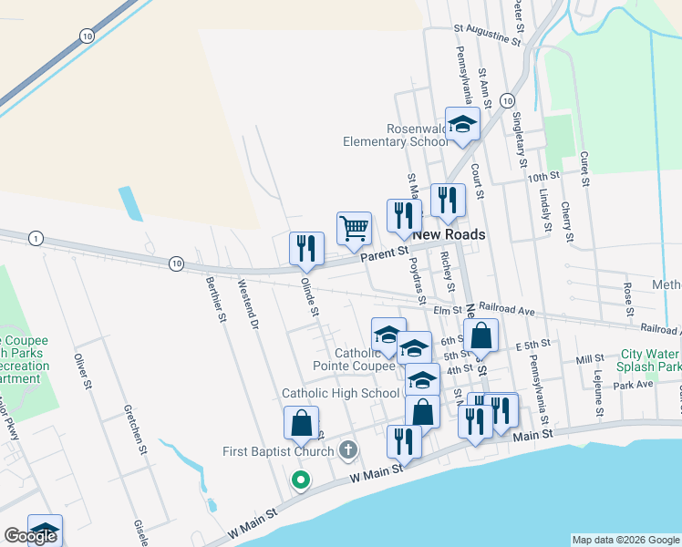 map of restaurants, bars, coffee shops, grocery stores, and more near 703 Parent Street in New Roads