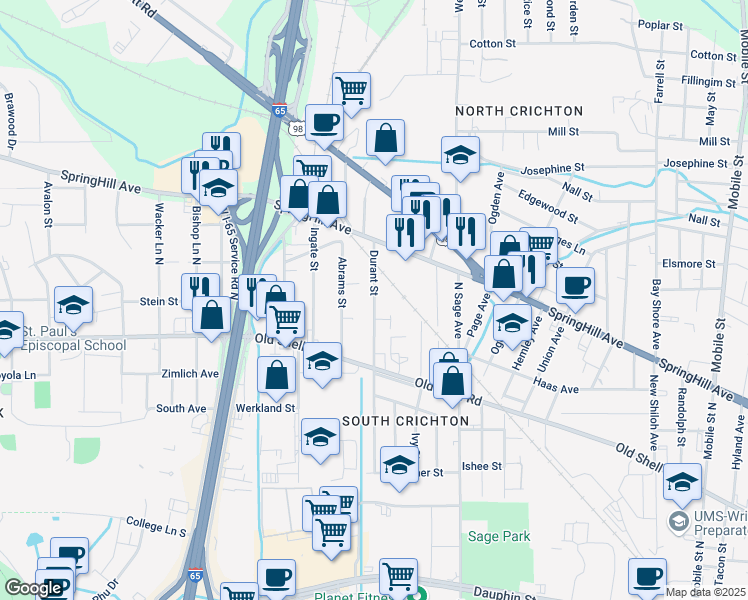 map of restaurants, bars, coffee shops, grocery stores, and more near 204 Durant Street in Mobile