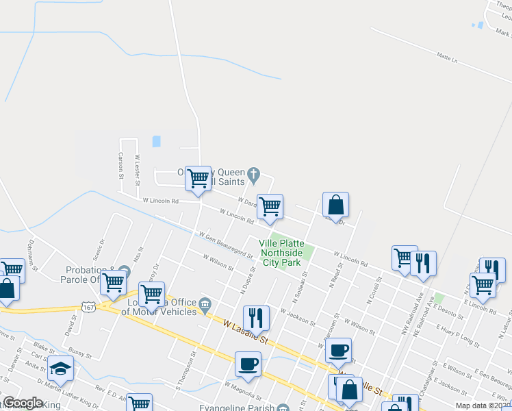 map of restaurants, bars, coffee shops, grocery stores, and more near 966 West Dardeau Street in Ville Platte