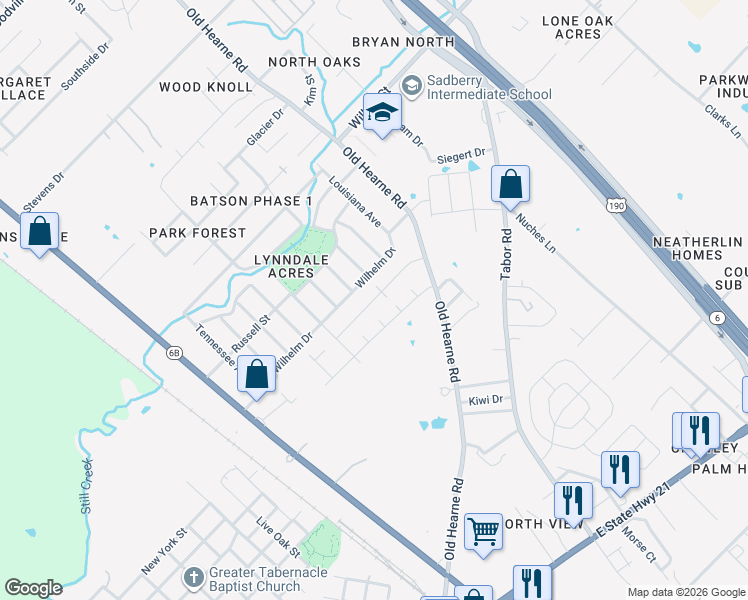 map of restaurants, bars, coffee shops, grocery stores, and more near 2701 Willhelm Drive in Bryan
