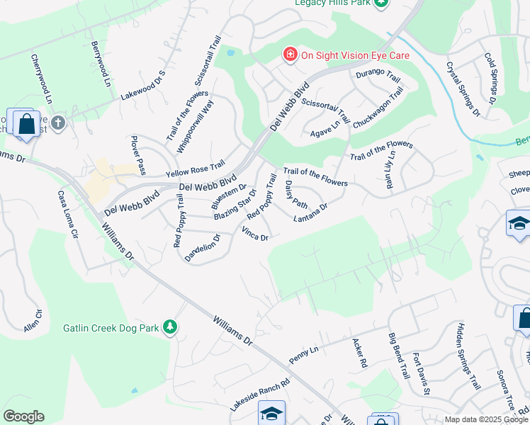map of restaurants, bars, coffee shops, grocery stores, and more near 100 Liatris Lane in Georgetown