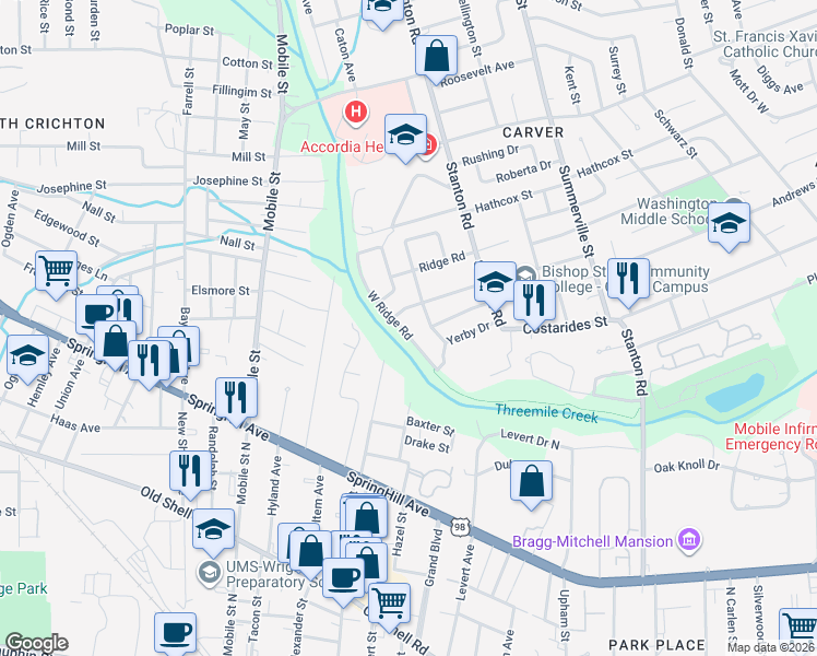 map of restaurants, bars, coffee shops, grocery stores, and more near 2438 Redmond St in Mobile