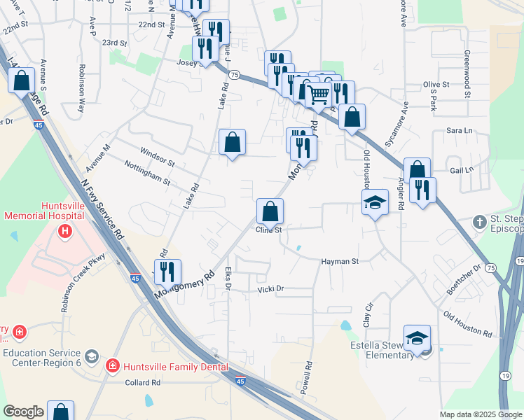map of restaurants, bars, coffee shops, grocery stores, and more near 2734 Montgomery Road in Huntsville
