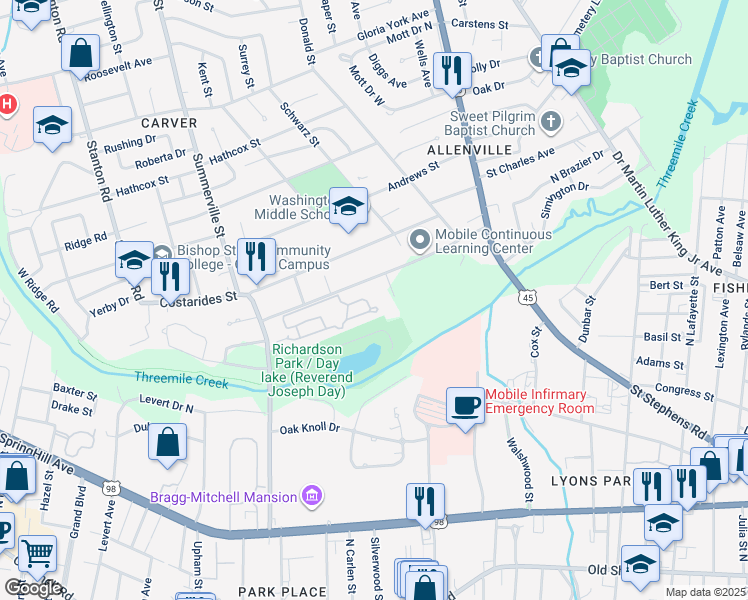 map of restaurants, bars, coffee shops, grocery stores, and more near 320 Stanton Road in Mobile
