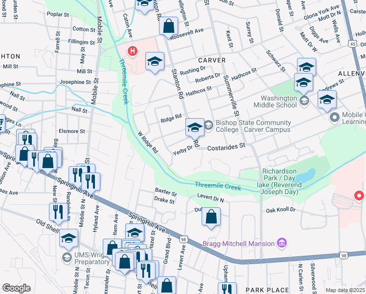 map of restaurants, bars, coffee shops, grocery stores, and more near 2414 Yerby Drive in Mobile