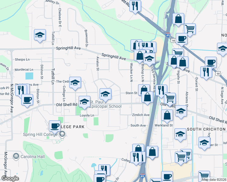map of restaurants, bars, coffee shops, grocery stores, and more near 117 Batre Lane in Mobile