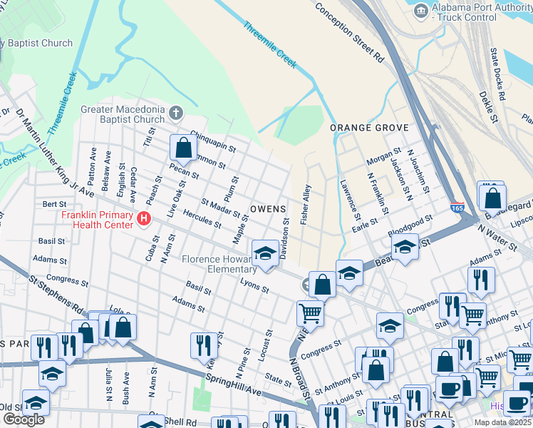 map of restaurants, bars, coffee shops, grocery stores, and more near 1105 Pecan Street in Mobile