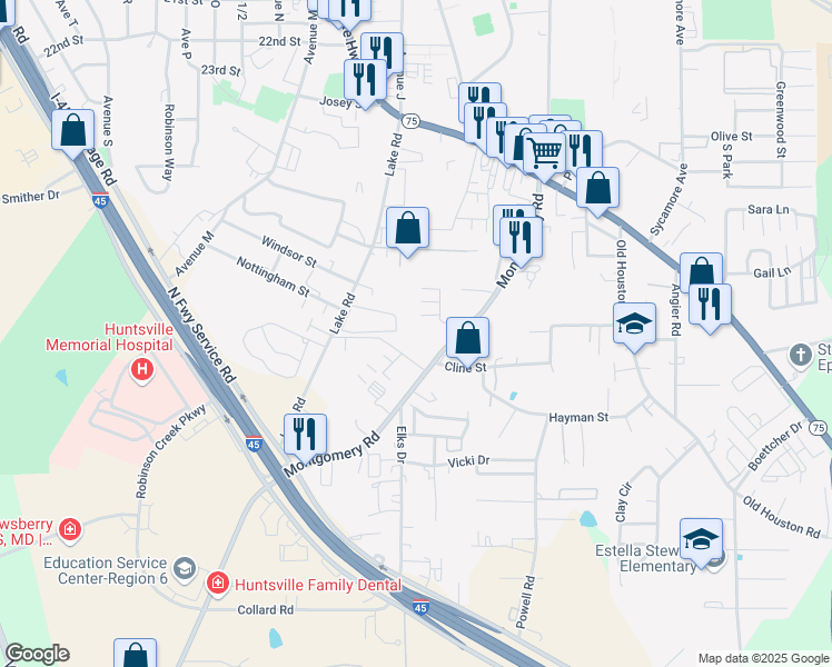 map of restaurants, bars, coffee shops, grocery stores, and more near 2760 Montgomery Road in Huntsville