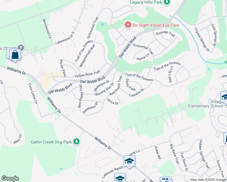 map of restaurants, bars, coffee shops, grocery stores, and more near 278 Red Poppy Trail in Georgetown