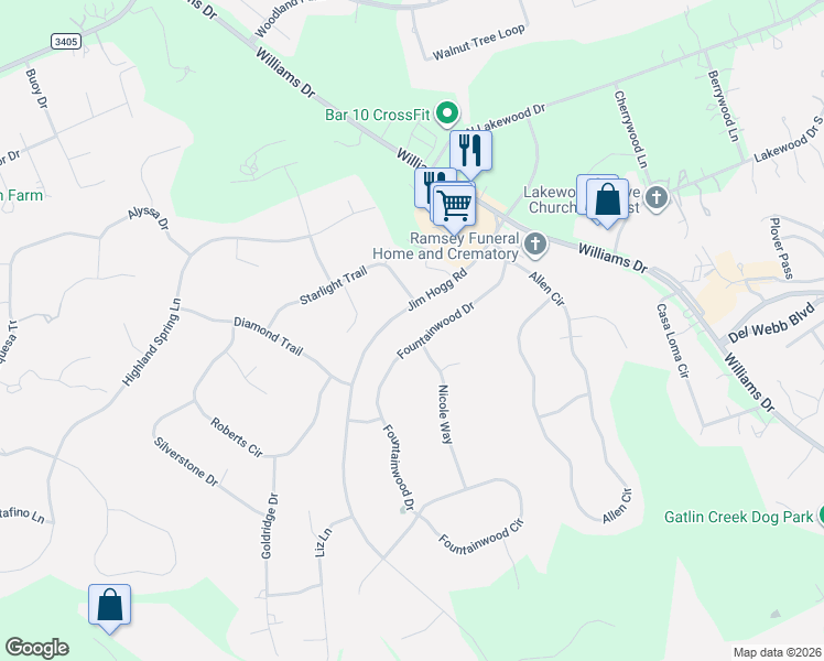 map of restaurants, bars, coffee shops, grocery stores, and more near 2000 Fountainwood Drive in Georgetown