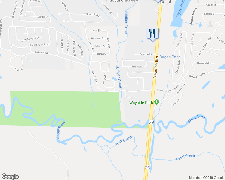 map of restaurants, bars, coffee shops, grocery stores, and more near 2602 Brodie Lane in Crestview