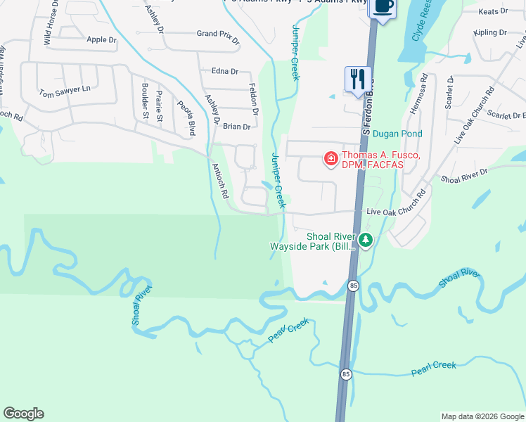 map of restaurants, bars, coffee shops, grocery stores, and more near 2602 Brodie Lane in Crestview