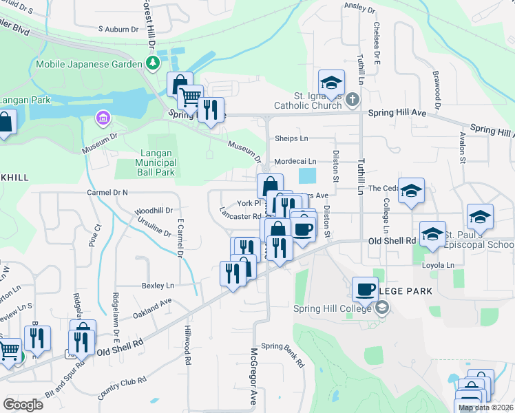 map of restaurants, bars, coffee shops, grocery stores, and more near 1 York Place in Mobile